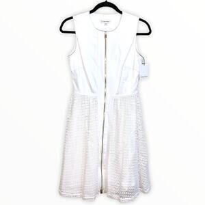 Calvin Klein NEW Eyelet Zipper Front Fit Flare Sleeveless Dress White Gold US 2
